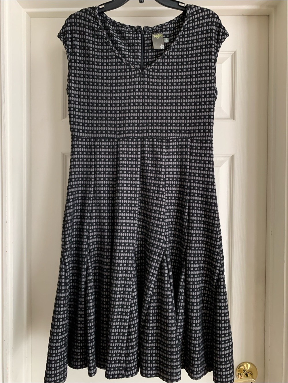 Taylor Black and Gray Dot Midi Fit-and-Flare Dress